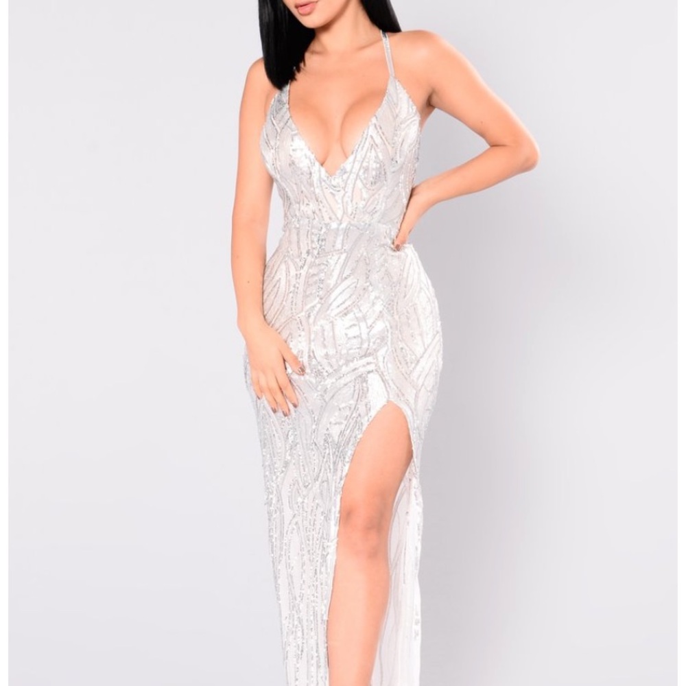 Long sequin dress silver fashion nova